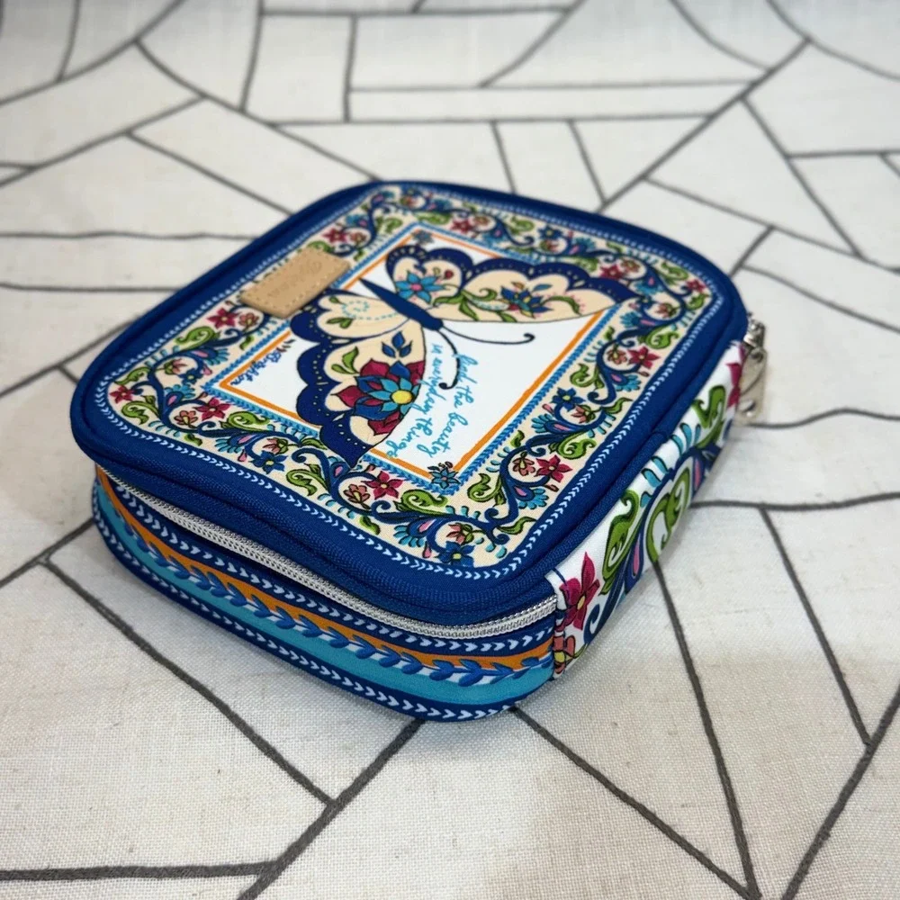 Brighton Jewelry Organizer Case OS Blue Butterfly Floral Travel Zip Square Pouch